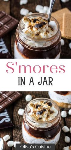 s'mores in a jar with marshmallows and chocolate on the side