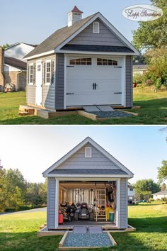 two pictures side by side of a garage with the door open and the roof closed