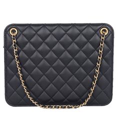 Authentic, pre-owned Chanel black quilted lambskin leather CC chain accordion tote shoulder bag. Features diamond quilted leather in black. The bag features leather-threaded gold chain-link shoulder straps and a leather threaded gold chain Chanel CC logo on the front of the bag, open top closure with a magnetic snap, the interior has black fabric with slip pocket. You will love all that this bag can carry. Add your small cosmetic case, wallet, phone, keys, and more. Authenticity hologram and car Luxury Quilted Clutch Shoulder Bag, Classic Rectangular Bag With Diamond Quilting, Luxury Shoulder Bag With Gold Chain, Chic Evening Shoulder Bag With Diamond Quilting, Classic Formal Shoulder Bag With Gold Chain, Elegant Business Bag With Chain Detail, Luxury Formal Bags With Gold Chain, Elegant Business Bags With Chain Detail, Elegant Quilted Evening Bags