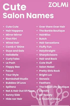 a pink poster with some scissors and hair products on it's side, which says cute salon names