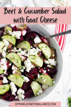 beet and cucumber salad with goat cheese in a bowl on a table