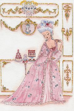 a watercolor and ink drawing of a woman in a pink dress looking at a cake on a table