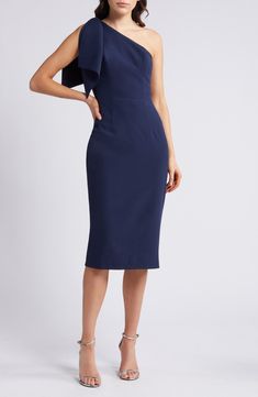 An elegant one-shoulder neckline and figure-hugging silhouette style a sophisticated midi dress with two panels that cascade over the single shoulder. 44" length (size Medium) One-shoulder neck Sleeveless Lined 97% polyester, 3% spandex Dry clean or machine wash, line dry Imported