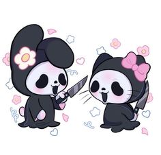 two cartoon pandas are holding a knife