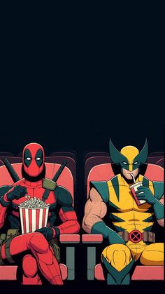 two deadpools sitting on red chairs in front of a black background, one eating popcorn and the other holding a drink