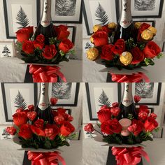 four pictures of roses and two bottles of champagne in different stages of being tied together