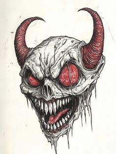 a drawing of a demon skull with red eyes and horns on it's head