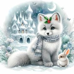 a painting of a fox and bunny in front of a castle with holly wreath on its head