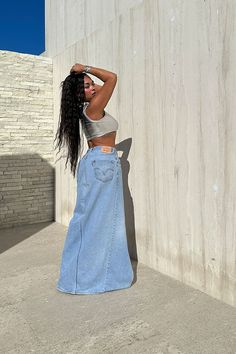 Re worked Vintage Levi Full Length Denim Skirt With Slit Detail Each piece is one of a kind vintage wash and sold as-is Hand made In L.A Takes 2 weeks to ship Jeans Long Skirt, Distressed Denim Skirt, Skirt Denim, Denim Maxi, Denim Skirt Women, Closet Inspiration, Denim Maxi Skirt, Levis Denim, Maxi Skirts