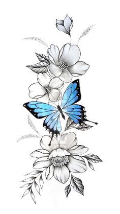 a blue butterfly sitting on top of white flowers