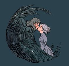 two people kissing in front of an angel's wings on a dark background with stars