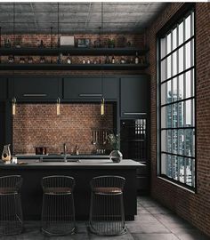 an industrial style kitchen with brick walls and flooring is pictured in this rendering image