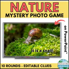 a snail is sitting on top of some green moss with the words nature mystery photo game