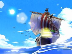 an animated image of a ship in the ocean with birds flying around it and blue sky