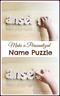 two pictures of the same word and one is made out of wooden letters that spell name puzzle