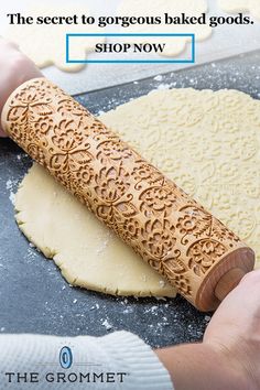 a person rolling out dough on top of a cookie sheet with the words, the secret to gorgeous baked goods shop now