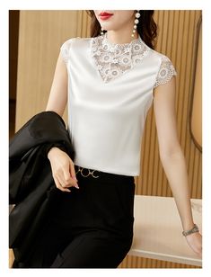 fongt Womens Tops Satin Shirts and Blouses Fashion Elegant Woman Blouses Floral Hollow Out Vintage Blouse Silk Clothes for Women Elegant Short Sleeve Blouse With Lace Top, Elegant Short Sleeve Lace Top Blouse, V-neck Lace Top For Formal Occasions, Formal V-neck Lace Top, Elegant Green Top For Wedding, Lace Top For Office, Lace Top For Office Wear, Elegant Green Summer Shirt, Elegant Sleeveless Blouse Piece For Summer