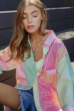 Oversized bright color striped top. Striped Boyfriend Shirt, Pink Blue Yellow, Boyfriend Style, Perfect Wardrobe, Boyfriend Shirt, Oversized Top, Button Front Shirt, Color Stripes, Hottest Trends