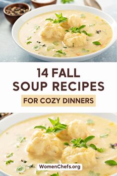 Bowl of creamy soup with herbs and dumplings, titled '14 Fall Soup Recipes for Cozy Dinners,' perfect for warming up during chilly autumn evenings. Cozy Dinner Ideas, Rotisserie Chicken Soup, Tomato Lentil Soup, Tomato Lentils, Vegetable Soups, Artichoke Soup, Tuscan Soup, Best Soup, Beer Cheese Soups