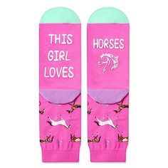 Horse Socks For WomenThese pink equestrian socks are adorned with horseshoes and horses in different poses and colors. The soles of the feet feature funny sayings like "THIS GIRL LOVES HORSES" and handsome horse prints.Size & PackageOne size fits most. Our women's crazy socks are designed to fit shoe sizes 6-12 and sock sizes 8-13. Each exclusive gift box contains 1 pairs of funny socks.Quality MaterialOur novelty horse riding socks are made of 80% Cotton, 15% Polyamide, and 5% Elastane to ensur Equestrian Socks, Riding Socks, Horse Socks, Different Poses, Socks Gift, Horse Gifts, Themed Gifts, Horse Lovers, Crazy Socks