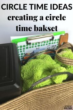 there is a green stuffed animal in a basket with the words circle time ideas creating a circle time basket