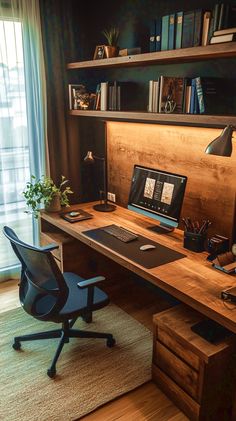 a desk with a laptop computer sitting on top of it next to a book shelf