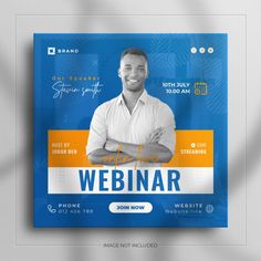 a blue and orange webinar with a man smiling