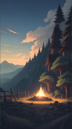 a campfire in the middle of a forest at night with mountains and trees behind it