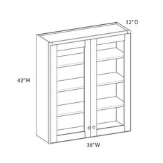 a drawing of an open cabinet with two doors and three shelves on each side,