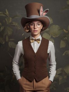 a woman wearing a brown vest and hat with bunny ears on it's head