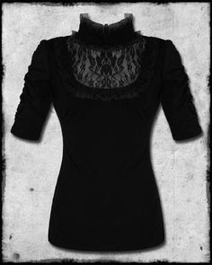 Stunning black fitted jersey cotton top by Jawbreaker. Featuring gorgeous black floral lace insets at the bust and back, with high collar featuring rose-button fastening to the back and ruffled organza trim. Form fitting and flattering, complete with unique ruched vintage style sleeves. Steampunk Shorts, Black Lace Trim, Black Goth, Victorian Lace, Steampunk Clothing, Dark Fashion, Work Attire, Goth Fashion