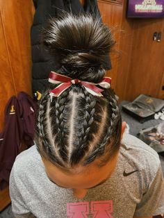 Gymnastics, meet, hair, braids, style, Sophie Swartzmiller, bow, maroon, gold, glitter, competition, d1, vault, bun, messy, slick, clean, hairspray, confident, dance, bars, beam, floor, all around, dutch braid, French braid, easy Braids For Wrestlers, Cute Gymnastics Competition Hair, How To Make Gymnastics Hair Bows, Competition Cheer Hair, Braids Gymnastics, 4 Braids Into Bun, Xc Hair Styles, Gymnastics Meet Hairstyles, Hair For Cheer