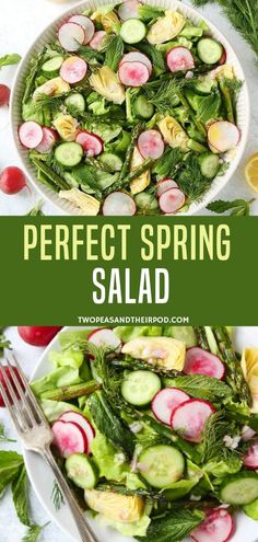 a salad with radishes, cucumbers and lemons in it on a white plate