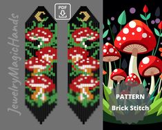 a pair of knitted socks with mushrooms and leaves on the bottom, in front of a black background