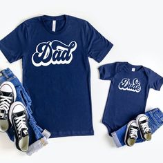 "This adorable Father's Day matching shirts are perfect for Father's Day. It's the perfect Father's Day Gift. Our shirts and bodysuits are super soft and great quality. + Machine washable & dryer safe (I recommend drying on delicate) + Design color will depend on the color of the shirt that you select. For more information please check out our color chart in the photo section. + Select size and color in the drop down menu. UNISEX SHIRT SIZING AND BRAND + This shirt is a unisex shirt, unisex Matching Short Sleeve Shirt For Father's Day, Father's Day Matching Short Sleeve Shirt, Matching Family T-shirts For Father's Day, Father's Day Matching Family Shirts, Family Matching Blue Shirt, Blue Family Matching Shirts, Customizable Blue Tops For Family Occasions, Blue Family Matching Tops For Father's Day, Blue Crew Neck Shirt For Father's Day