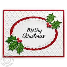 a merry christmas card with holly and mists on it, in red and white