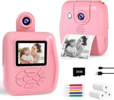 a pink digital camera next to some other items and accessories on a white background with an image of a mother holding her baby