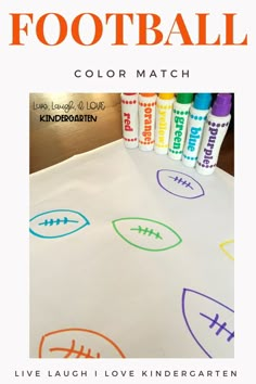 the football color match for kids is shown with markers and crayons on it