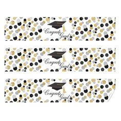 two graduation candy bar wrappers with confetti and gold polka dots on them