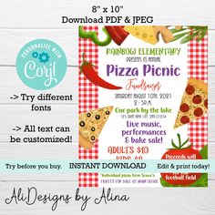 pizza picnic party flyer is displayed on a white wooden background with red and green checkered tablecloth