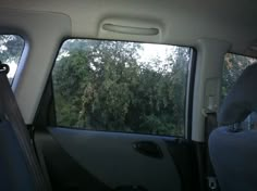 the back seat of a car with trees in the background