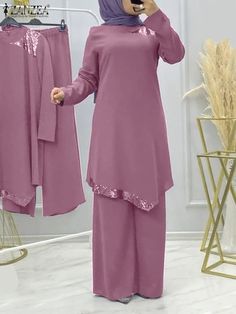 ZANZEA Women Elegant Fashion Suit Muslim Vintage Set Ramadan Dubai Turkey Tracksuit Long Sleeve Bead Splicing Tops Wide Leg Pant Habits Musulmans, Elegant Suit, Fashion Muslim, Hijabi Outfits Casual