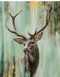 a painting of a deer with large antlers on it's head, standing in front of a green and yellow background