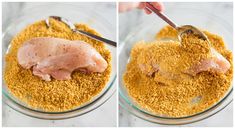 two pictures showing how to make chicken in a bowl with spices and seasoning on top