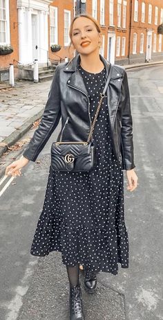 Winter Dress Outfit With Boots, Winter Fashion 2023 Australia, Dress With Booties Outfit, Polka Dot Dress Outfit Winter, Zoom Meeting Outfit, Feminine Edgy Style, Black Midi Dress Outfit, Midi Dress Outfit, Chique Outfit