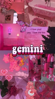 a collage of pink images with the words gemini on them and hearts