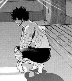 an anime character kneeling down in front of a bench with his hand on his knee