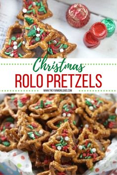 christmas pretzels with candy on top and the words, christmas roll pretzels