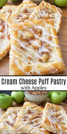 A double photo collage of apple cream cheese puff pastries. Puff Pastry With Apples, Cream Cheese Puffs, Puff Pastry Recipes Dessert, Cream Cheese Puff Pastry, Apple Cream Cheese, Pastries Recipes Dessert, Cream Cheese Pastry, Apple Pastry, Apple Puff Pastry