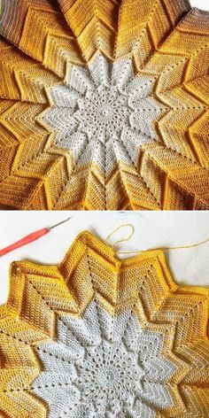 two pictures showing how to crochet the snowflake motif in yellow and white